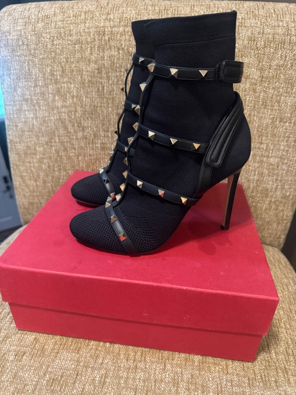 Authentic VALENTINO Rock Stud Bootie Strap Ankle Boots Size 38 W/ Box